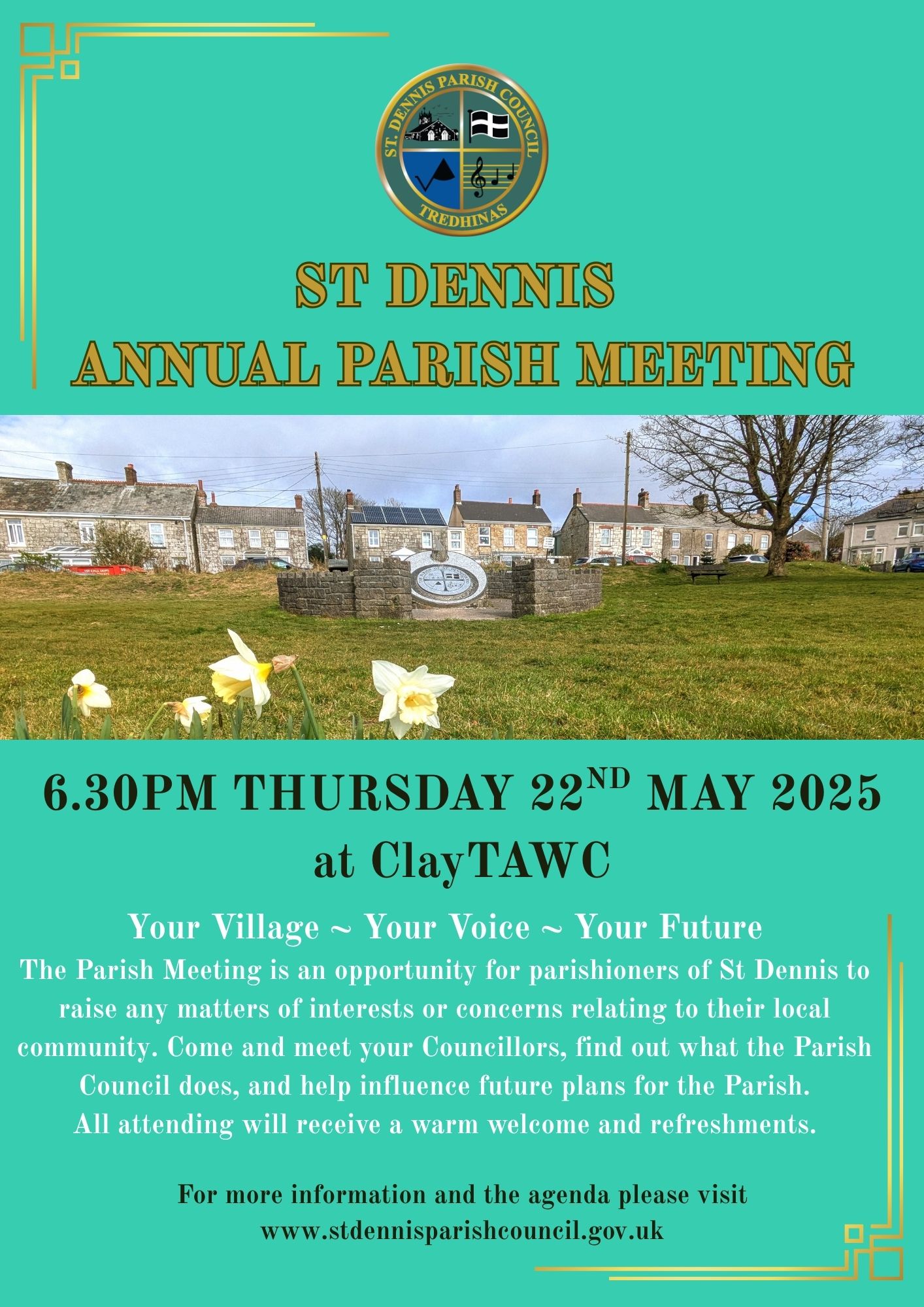 Poster advising the St Dennis Annual Meeting, text as per the article on a green background and a photo of sundial and Trelavour Prazey